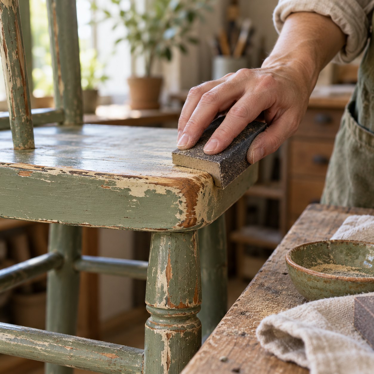 Se lija el borde de una mesa pintada para dejar ver las capas inferiores.