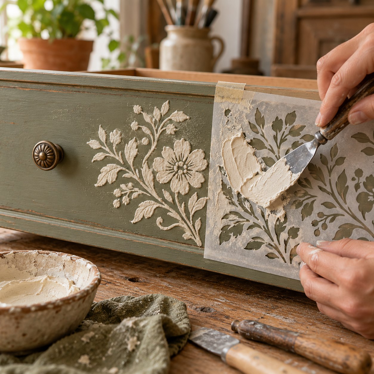 Una espátula extiende pasta a través de una plantilla floral para crear relieve.