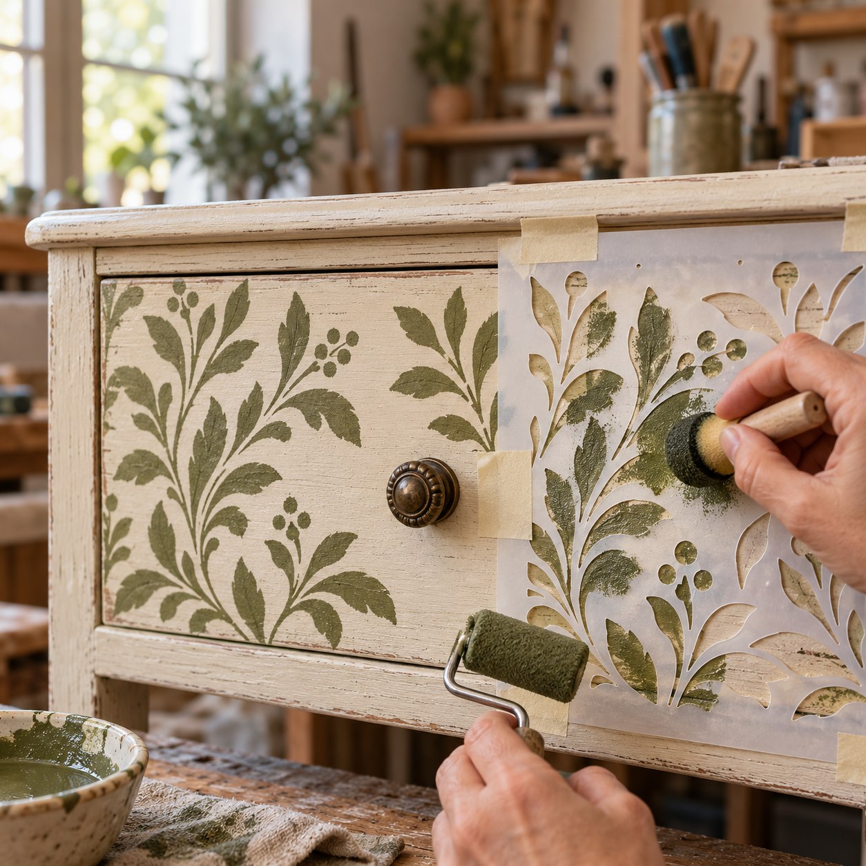 Pintura verde se aplica a través de una plantilla de hojas sobre un cajón claro.