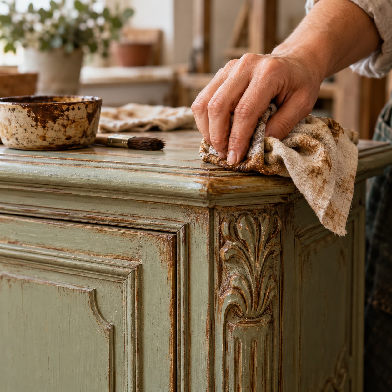Una mano trabaja una pátina sobre el borde moldeado de un mueble verde.